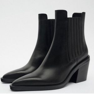 NWT Zara Leather Black Point Toe Ankle Boots Size 6.5